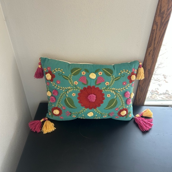 Pier 1 Other - Pier 1 Boho Embroidered Teal and Pink Floral Pillow with Tassels